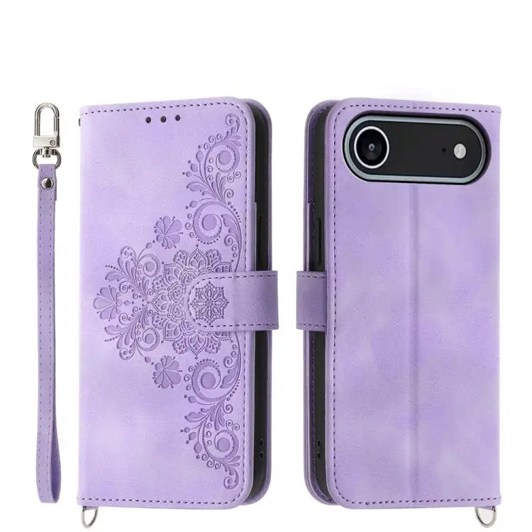 Skin-feel Flowers Embossed Wallet Leather Phone Case - For iPhone Air / Purple - Apple Accessories