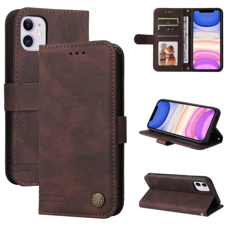 Skin Feel Life Tree Metal Button Horizontal Flip Leather Case with Holder & Card Slot & Wallet & Photo Frame & Strap