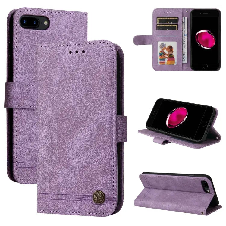 Skin Feel Life Tree Metal Button Horizontal Flip Leather Case with Holder & Card Slot & Wallet & Photo Frame & Strap