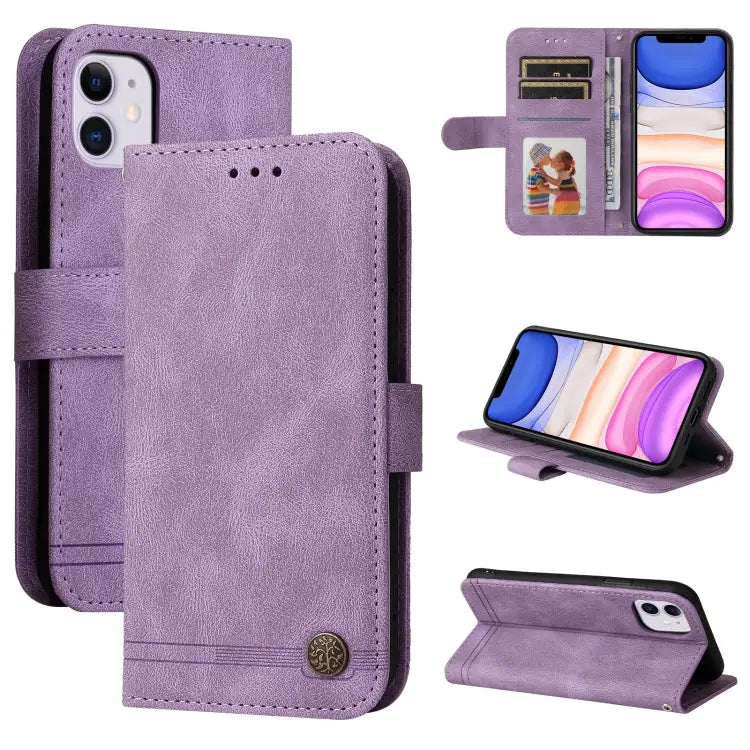 Skin Feel Life Tree Metal Button Horizontal Flip Leather Case with Holder & Card Slot & Wallet & Photo Frame & Strap