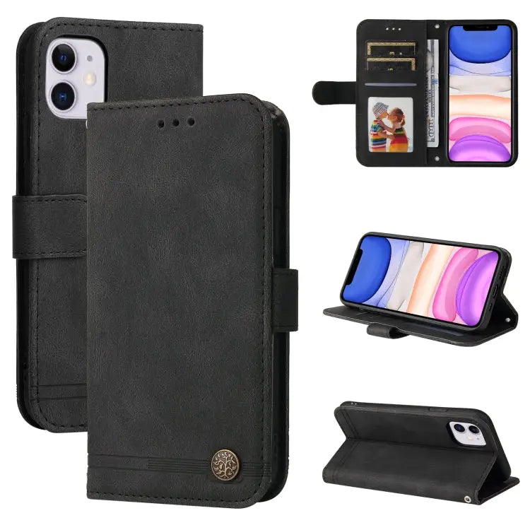 Skin Feel Life Tree Metal Button Horizontal Flip Leather Case with Holder & Card Slot & Wallet & Photo Frame & Strap