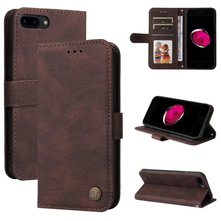 Skin Feel Life Tree Metal Button Horizontal Flip Leather Case with Holder & Card Slot & Wallet & Photo Frame & Strap