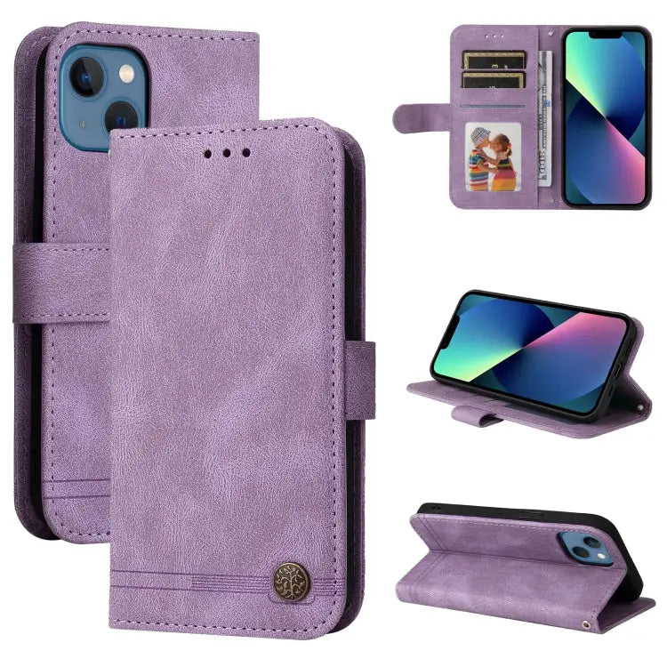 Skin Feel Life Tree Metal Button Horizontal Flip Leather Case with Holder & Card Slot & Wallet & Photo Frame & Strap