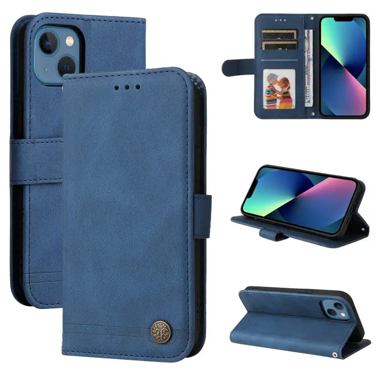 Skin Feel Life Tree Metal Button Horizontal Flip Leather Case with Holder & Card Slot & Wallet & Photo Frame & Strap