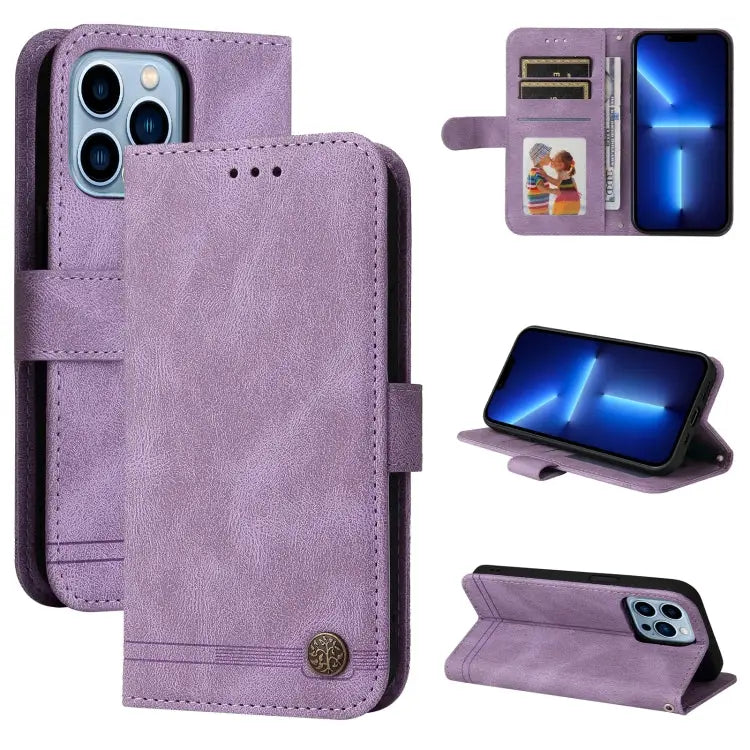 Skin Feel Life Tree Metal Button Horizontal Flip Leather Case with Holder & Card Slot & Wallet & Photo Frame & Strap