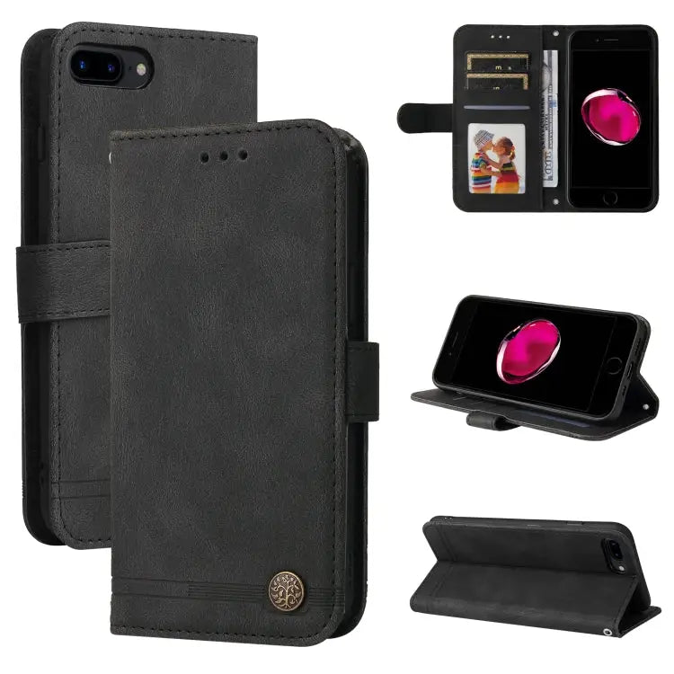 Skin Feel Life Tree Metal Button Horizontal Flip Leather Case with Holder & Card Slot & Wallet & Photo Frame & Strap