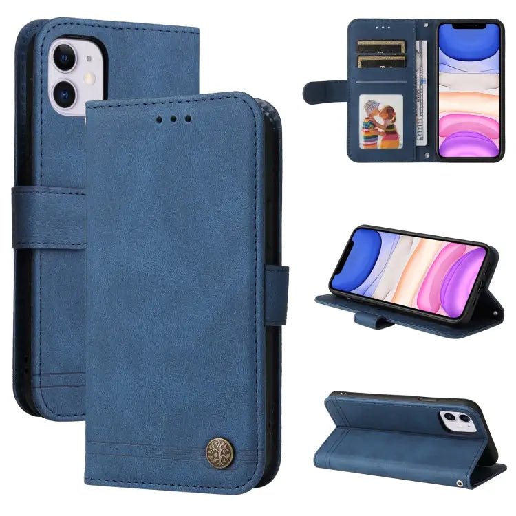 Skin Feel Life Tree Metal Button Horizontal Flip Leather Case with Holder & Card Slot & Wallet & Photo Frame & Strap