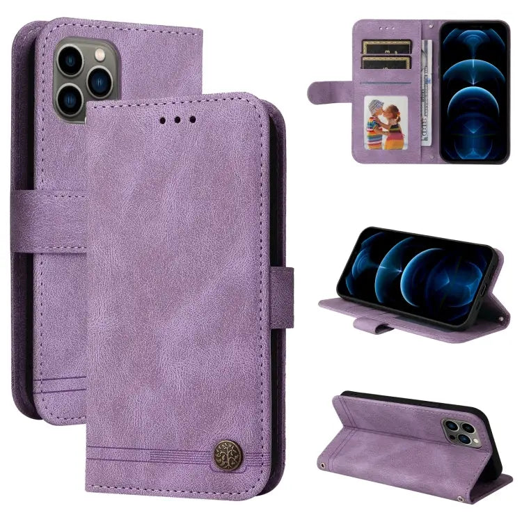 Skin Feel Life Tree Metal Button Horizontal Flip Leather Case with Holder & Card Slot & Wallet & Photo Frame & Strap