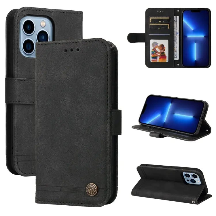 Skin Feel Life Tree Metal Button Horizontal Flip Leather Case with Holder & Card Slot & Wallet & Photo Frame & Strap