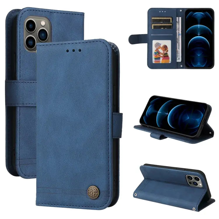 Skin Feel Life Tree Metal Button Horizontal Flip Leather Case with Holder & Card Slot & Wallet & Photo Frame & Strap