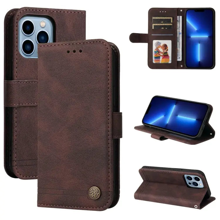 Skin Feel Life Tree Metal Button Horizontal Flip Leather Case with Holder & Card Slot & Wallet & Photo Frame & Strap