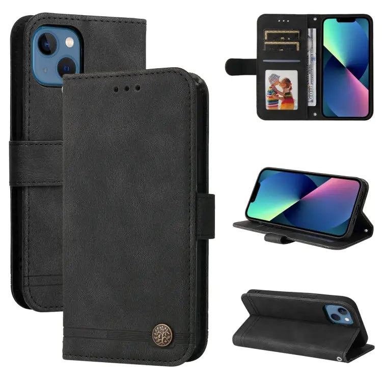 Skin Feel Life Tree Metal Button Horizontal Flip Leather Case with Holder & Card Slot & Wallet & Photo Frame & Strap