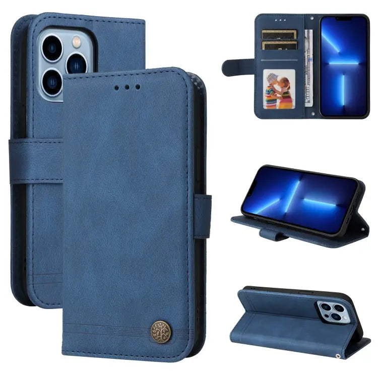 Skin Feel Life Tree Metal Button Horizontal Flip Leather Case with Holder & Card Slot & Wallet & Photo Frame & Strap