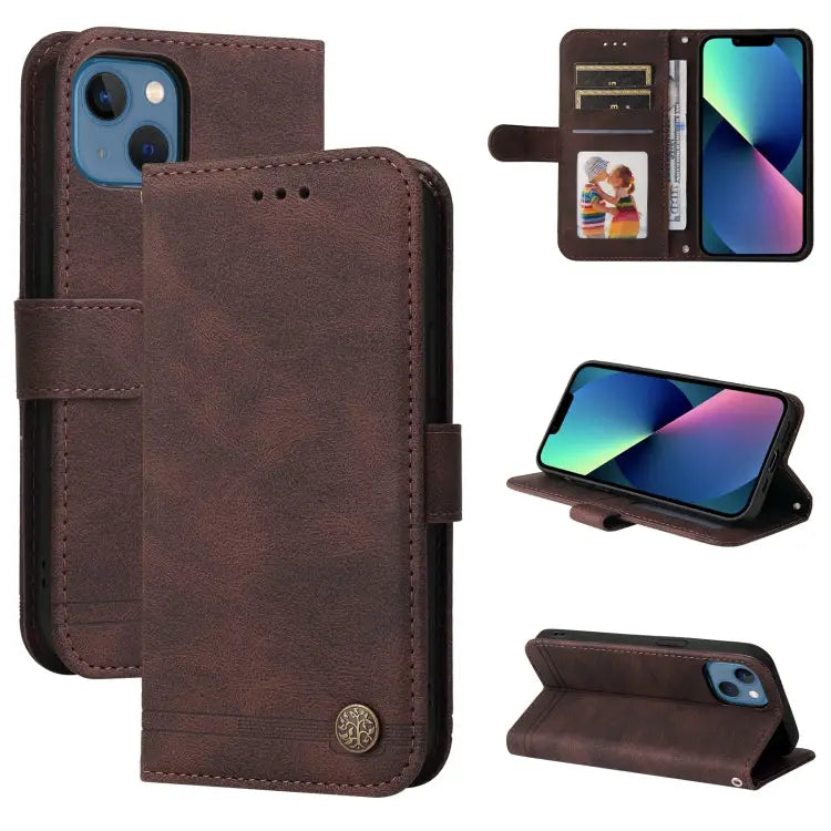 Skin Feel Life Tree Metal Button Horizontal Flip Leather Case with Holder & Card Slot & Wallet & Photo Frame & Strap