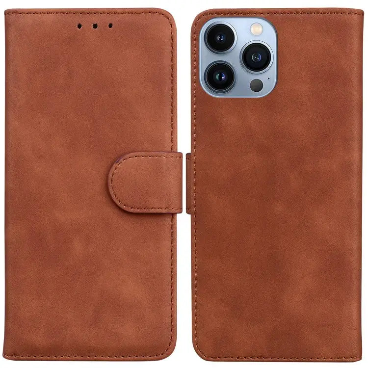 Skin Feel Pure Color Flip Leather Phone Case For iPhone 14 Pro Max - For iPhone 14 Pro Max / Brown - Apple Accessories
