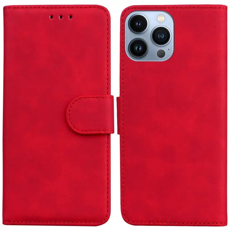 Skin Feel Pure Color Flip Leather Phone Case For iPhone 14 Pro Max - For iPhone 14 Pro Max / Red - Apple Accessories
