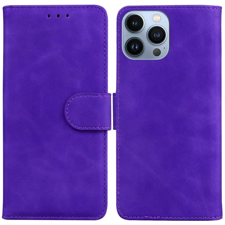 Skin Feel Pure Color Flip Leather Phone Case For iPhone 14 Pro Max - For iPhone 14 Pro Max / Purple - Apple Accessories