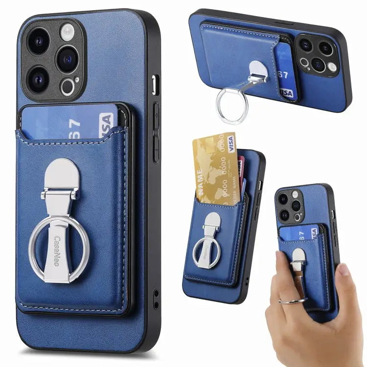 Skin Feel Ring Holder Wallet Magnetic Phone Case For iPhone 15 - For iPhone 15 / Blue - Apple Accessories