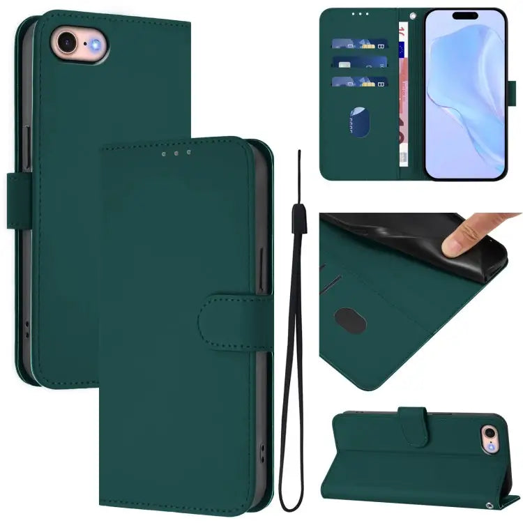 Skin Feel Solid Color Leather Phone Case with Lanyard For iPhone 12 / 12 Pro - For iPhone SE 2022 / 2020 / Dark Green