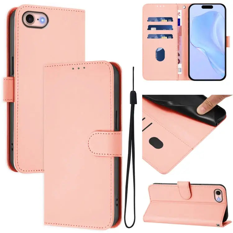 Skin Feel Solid Color Leather Phone Case with Lanyard For iPhone 12 / 12 Pro - For iPhone SE 2022 / 2020 / Pink - Apple