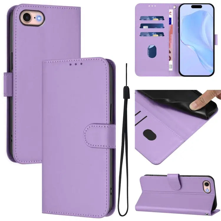 Skin Feel Solid Color Leather Phone Case with Lanyard For iPhone 12 / 12 Pro - For iPhone SE 2022 / 2020 / Lavender