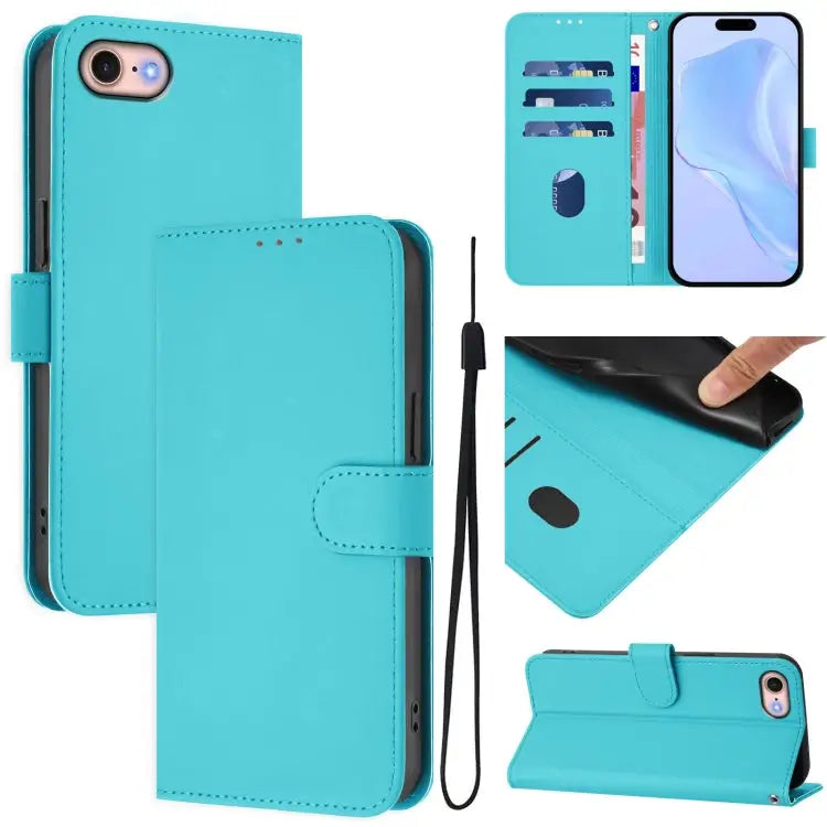 Skin Feel Solid Color Leather Phone Case with Lanyard For iPhone 12 / 12 Pro - For iPhone SE 2022 / 2020 / Lake Blue