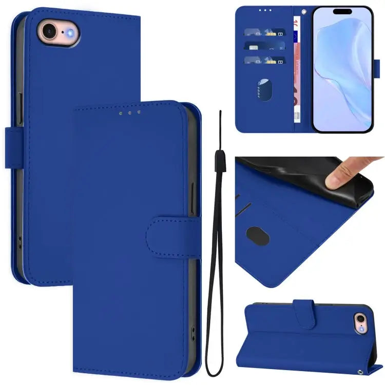 Skin Feel Solid Color Leather Phone Case with Lanyard For iPhone 12 / 12 Pro - For iPhone SE 2022 / 2020 / Dark Blue