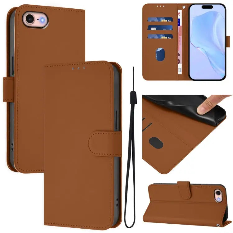 Skin Feel Solid Color Leather Phone Case with Lanyard For iPhone 12 / 12 Pro - For iPhone SE 2022 / 2020 / Brown