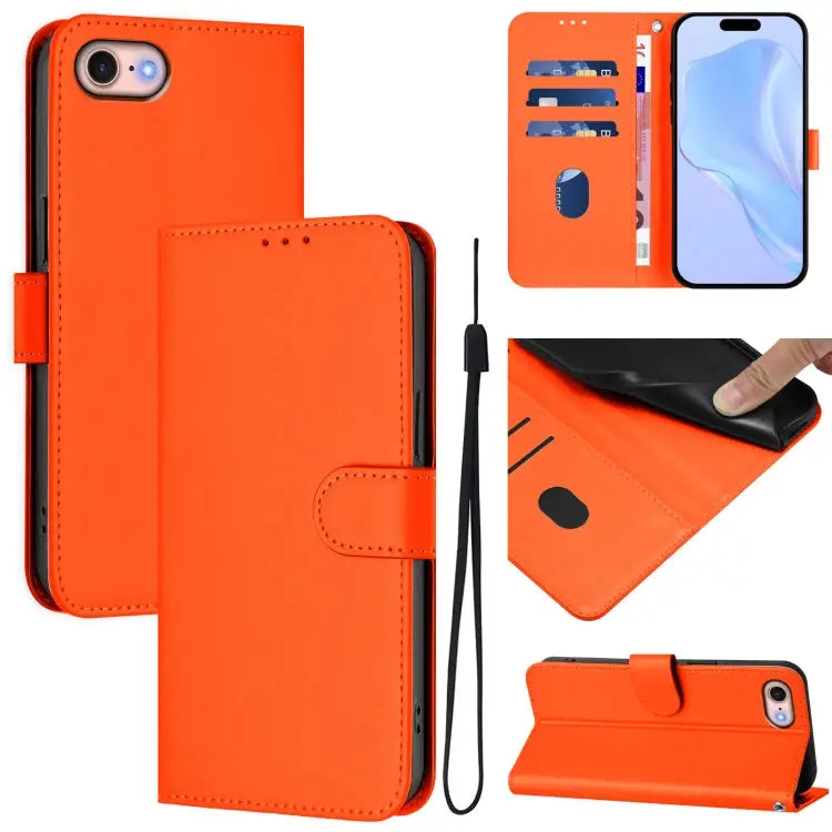Skin Feel Solid Color Leather Phone Case with Lanyard For iPhone 12 / 12 Pro - For iPhone SE 2022 / 2020 / Orange