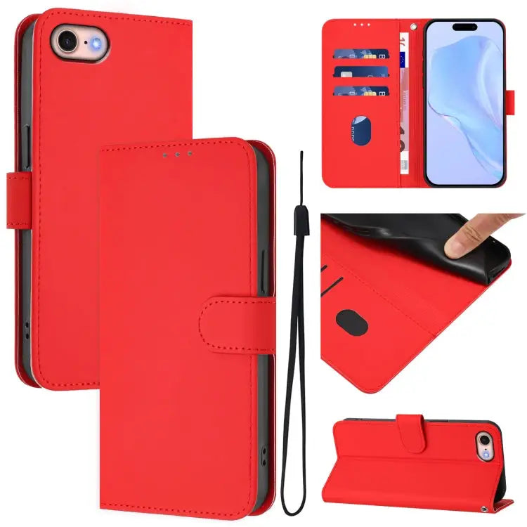 Skin Feel Solid Color Leather Phone Case with Lanyard For iPhone 12 / 12 Pro - For iPhone SE 2022 / 2020 / Red - Apple