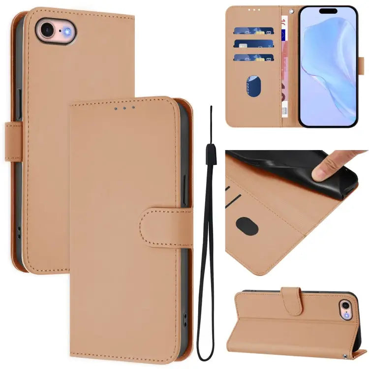 Skin Feel Solid Color Leather Phone Case with Lanyard For iPhone 12 / 12 Pro - For iPhone SE 2022 / 2020 / Nude - Apple