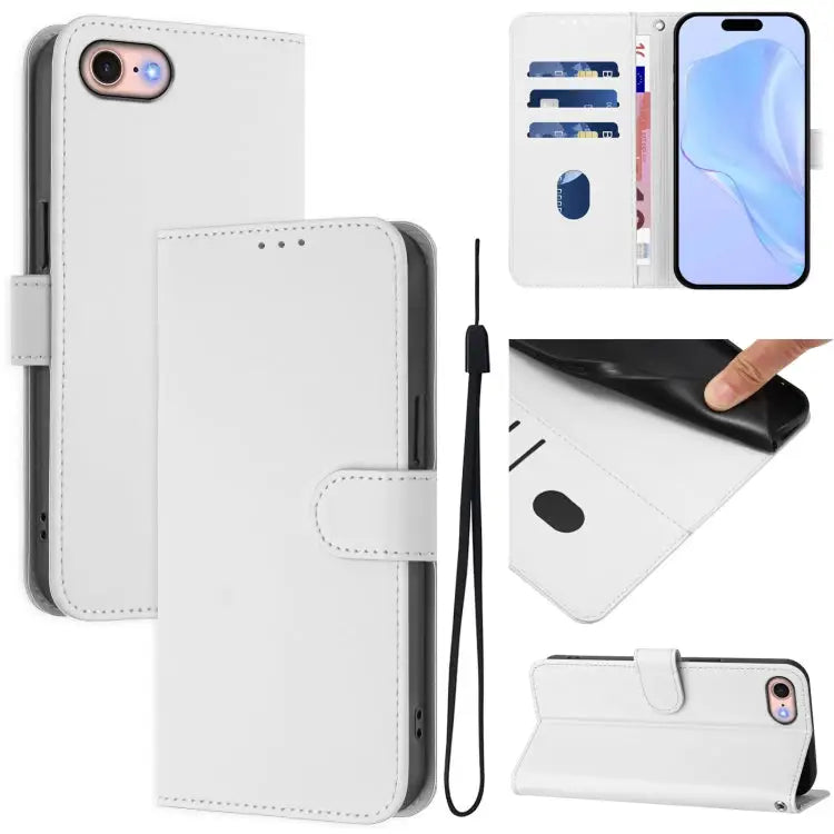 Skin Feel Solid Color Leather Phone Case with Lanyard For iPhone 12 / 12 Pro - For iPhone SE 2022 / 2020 / White