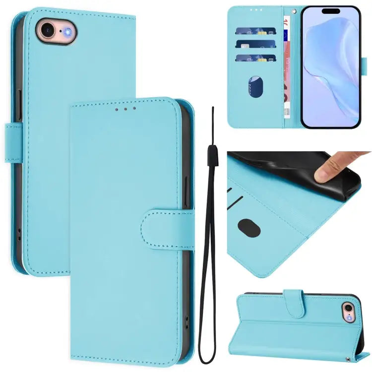 Skin Feel Solid Color Leather Phone Case with Lanyard For iPhone 12 / 12 Pro - For iPhone SE 2022 / 2020 / Sky Blue