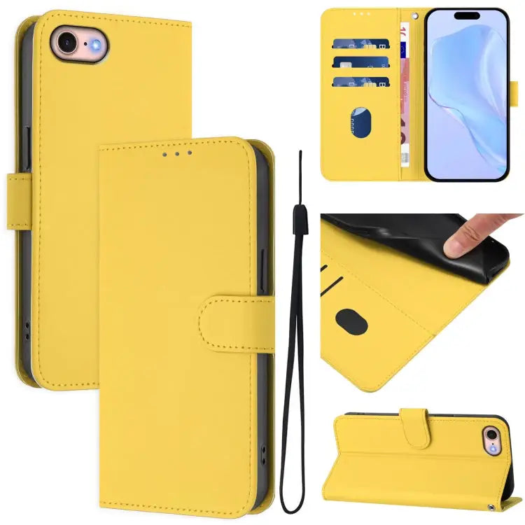 Skin Feel Solid Color Leather Phone Case with Lanyard For iPhone 12 / 12 Pro - For iPhone SE 2022 / 2020 / Lemon Yellow