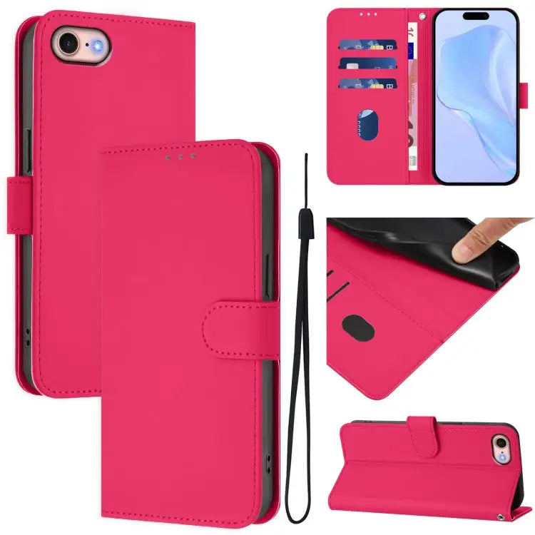 Skin Feel Solid Color Leather Phone Case with Lanyard For iPhone 12 / 12 Pro - For iPhone SE 2022 / 2020 / Rose Red