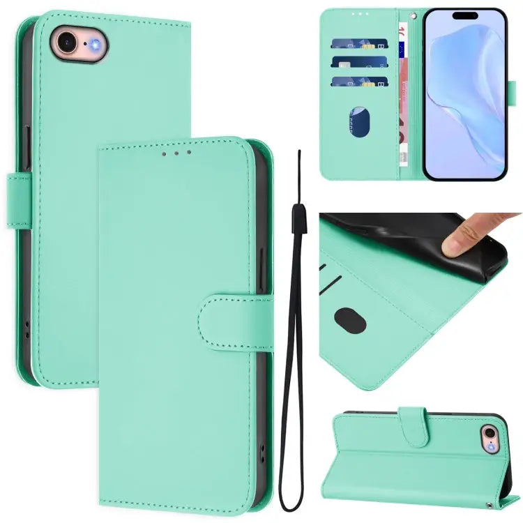 Skin Feel Solid Color Leather Phone Case with Lanyard For iPhone 12 / 12 Pro - For iPhone SE 2022 / 2020 / Mint Green