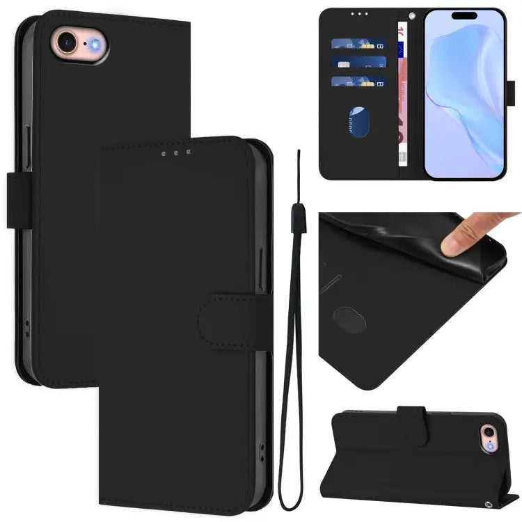 Skin Feel Solid Color Leather Phone Case with Lanyard For iPhone 12 / 12 Pro - For iPhone SE 2022 / 2020 / Black