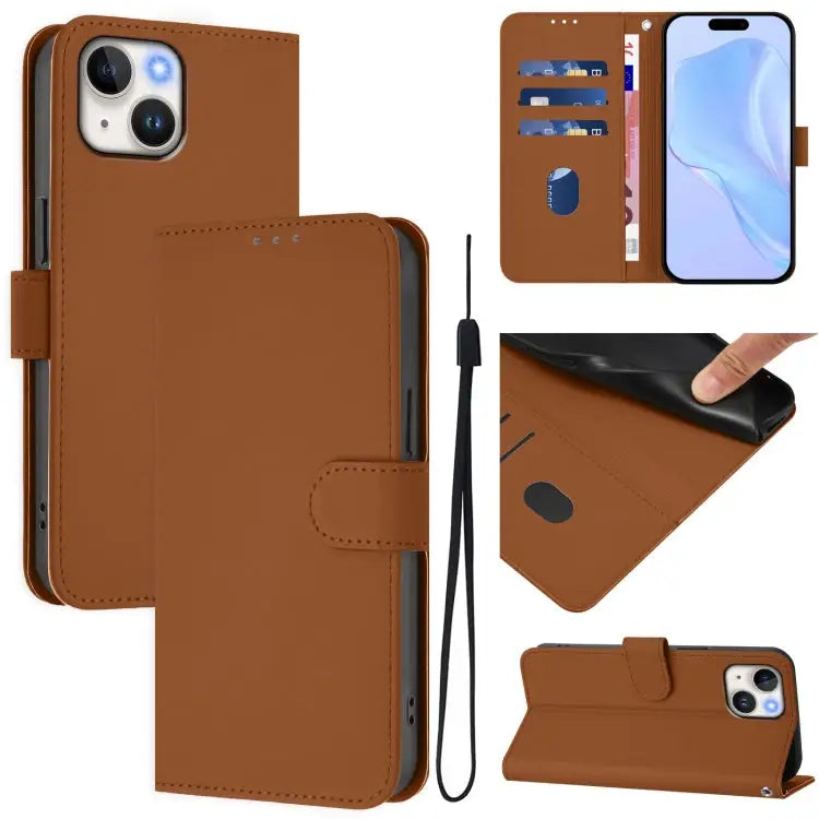 Skin Feel Solid Color Leather Phone Case with Lanyard For iPhone 13 Pro Max - For iPhone 14 / 13 / Brown - Apple