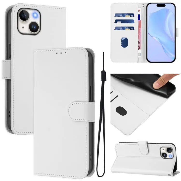 Skin Feel Solid Color Leather Phone Case with Lanyard For iPhone 13 Pro Max - For iPhone 14 / 13 / White - Apple