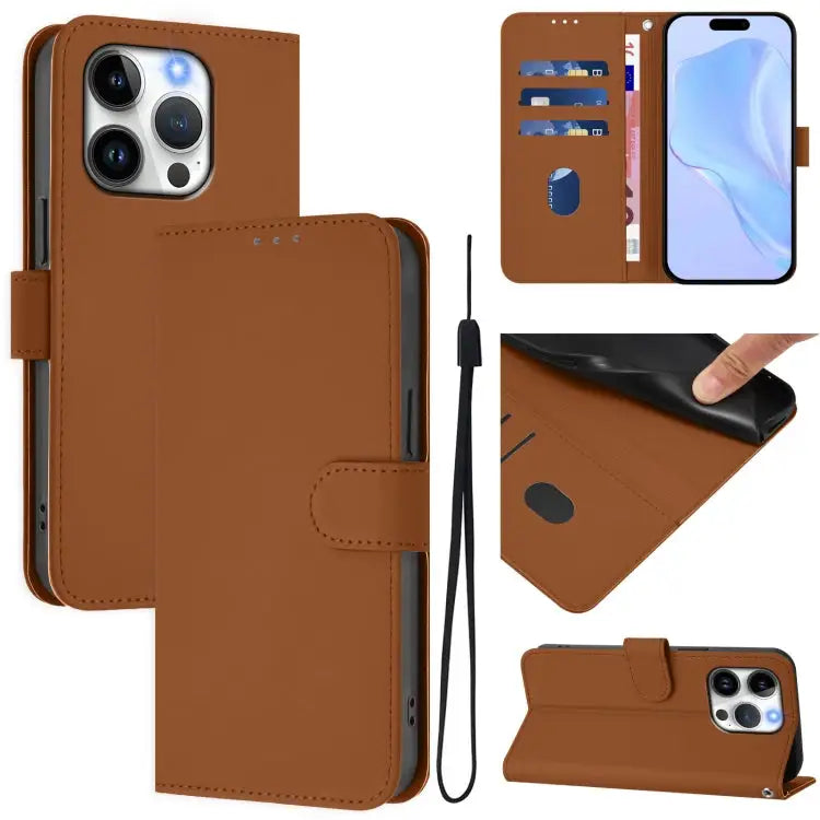 Skin Feel Solid Color Leather Phone Case with Lanyard For iPhone 13 Pro - For iPhone 14 Pro / Brown - Apple Accessories