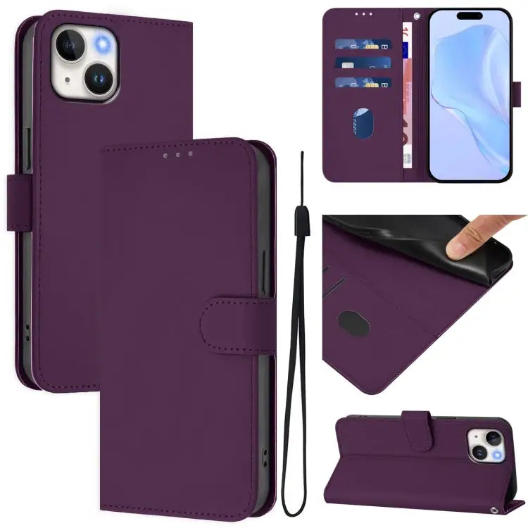 Skin Feel Solid Color Leather Phone Case with Lanyard For iPhone 13 Pro Max - For iPhone 14 / 13 / Violet - Apple