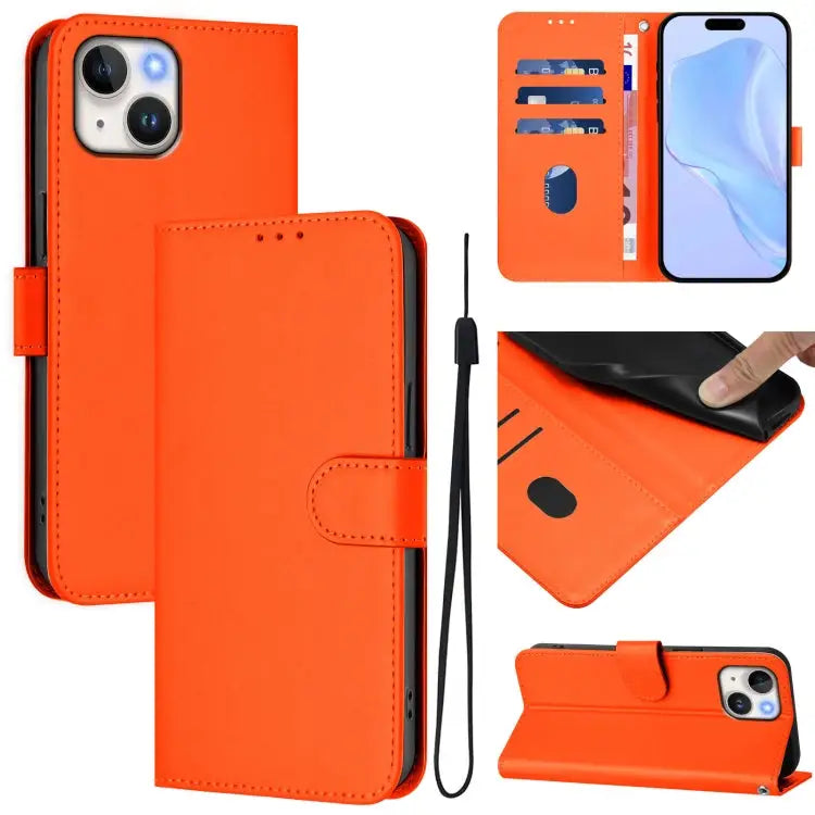 Skin Feel Solid Color Leather Phone Case with Lanyard For iPhone 13 Pro Max - For iPhone 14 / 13 / Orange - Apple