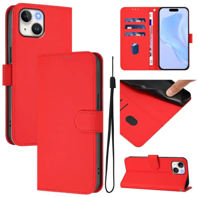 Skin Feel Solid Color Leather Phone Case with Lanyard For iPhone 13 Pro Max - For iPhone 14 / 13 / Red - Apple
