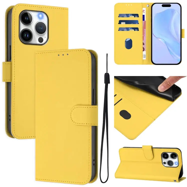 Skin Feel Solid Color Leather Phone Case with Lanyard For iPhone 13 Pro - For iPhone 14 Pro / Lemon Yellow - Apple