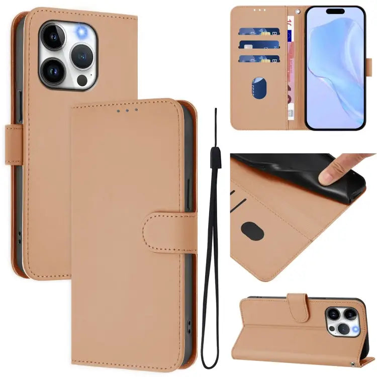 Skin Feel Solid Color Leather Phone Case with Lanyard For iPhone 13 Pro - For iPhone 14 Pro / Nude - Apple Accessories