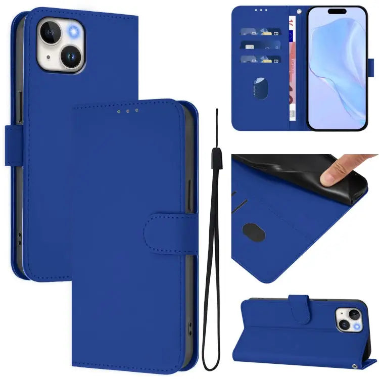 Skin Feel Solid Color Leather Phone Case with Lanyard For iPhone 13 Pro Max - For iPhone 14 / 13 / Dark Blue - Apple