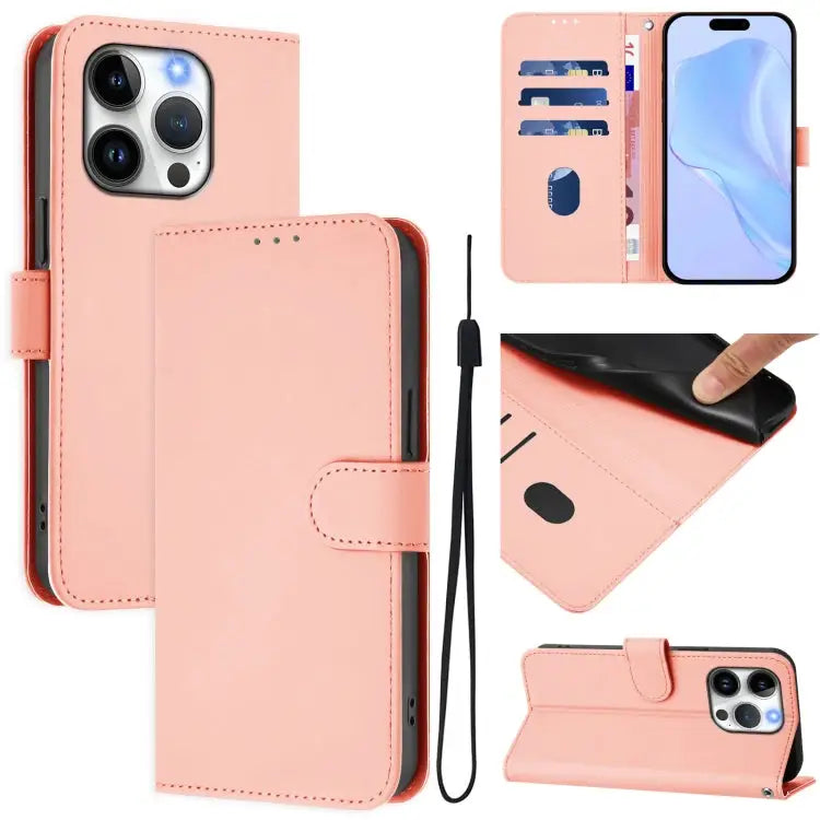 Skin Feel Solid Color Leather Phone Case with Lanyard For iPhone 13 Pro - For iPhone 14 Pro / Pink - Apple Accessories