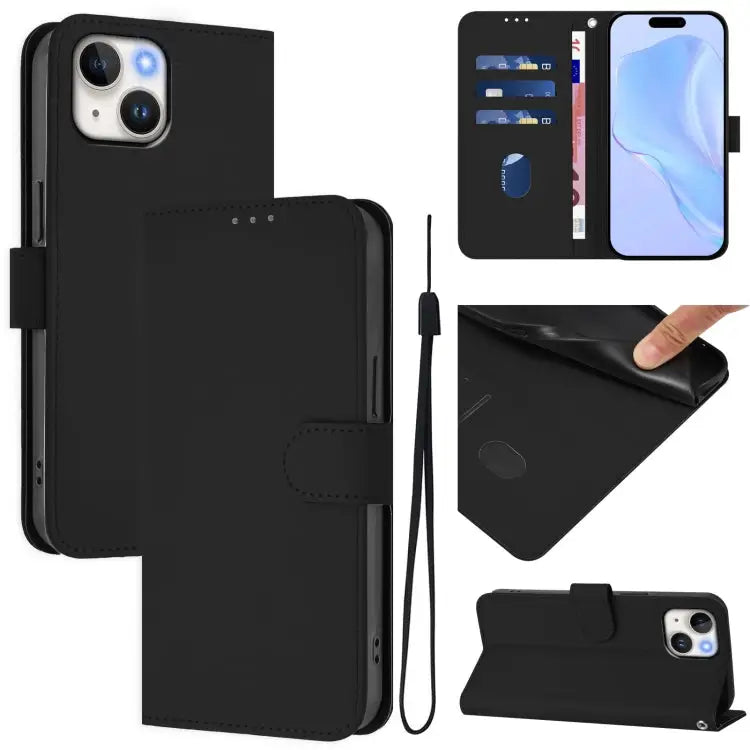 Skin Feel Solid Color Leather Phone Case with Lanyard For iPhone 13 Pro Max - For iPhone 14 / 13 / Black - Apple
