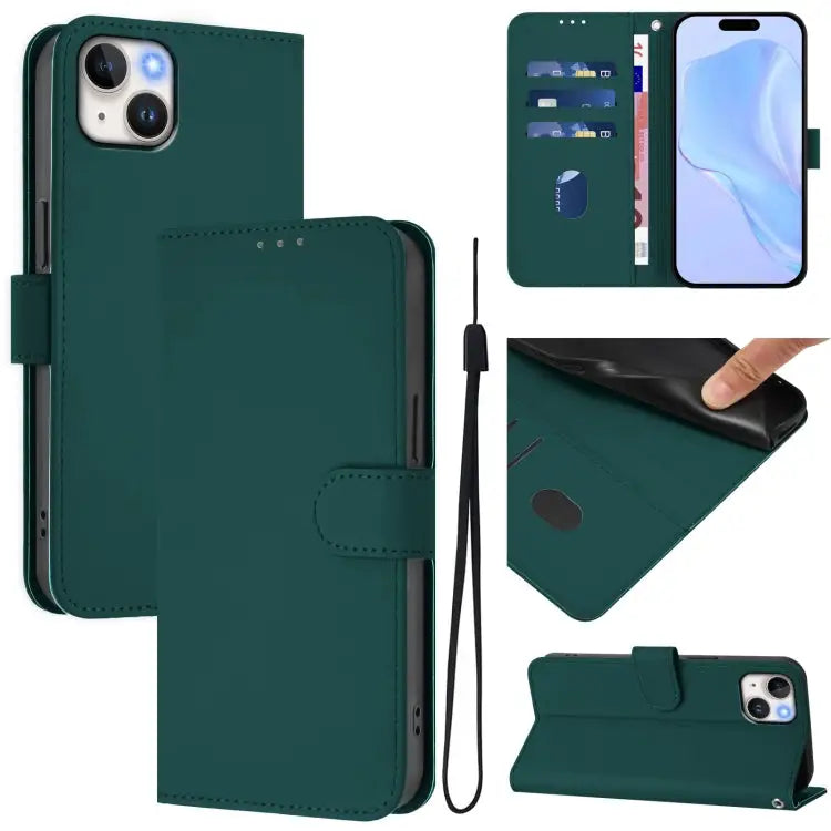 Skin Feel Solid Color Leather Phone Case with Lanyard For iPhone 14 Pro - For iPhone 15 Plus / Dark Green - Apple