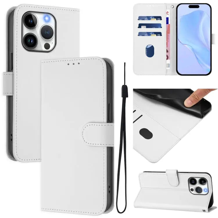 Skin Feel Solid Color Leather Phone Case with Lanyard For iPhone 14 / 13 - For iPhone 15 Pro / White - Apple Accessories
